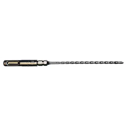 SDS PLUS 2-Cutter Drill Bits with Hex Shoulder is a cylindrical metallic drill bit with a grooved, helical drill end and hexagonal base, designed for efficient drilling in tough materials.