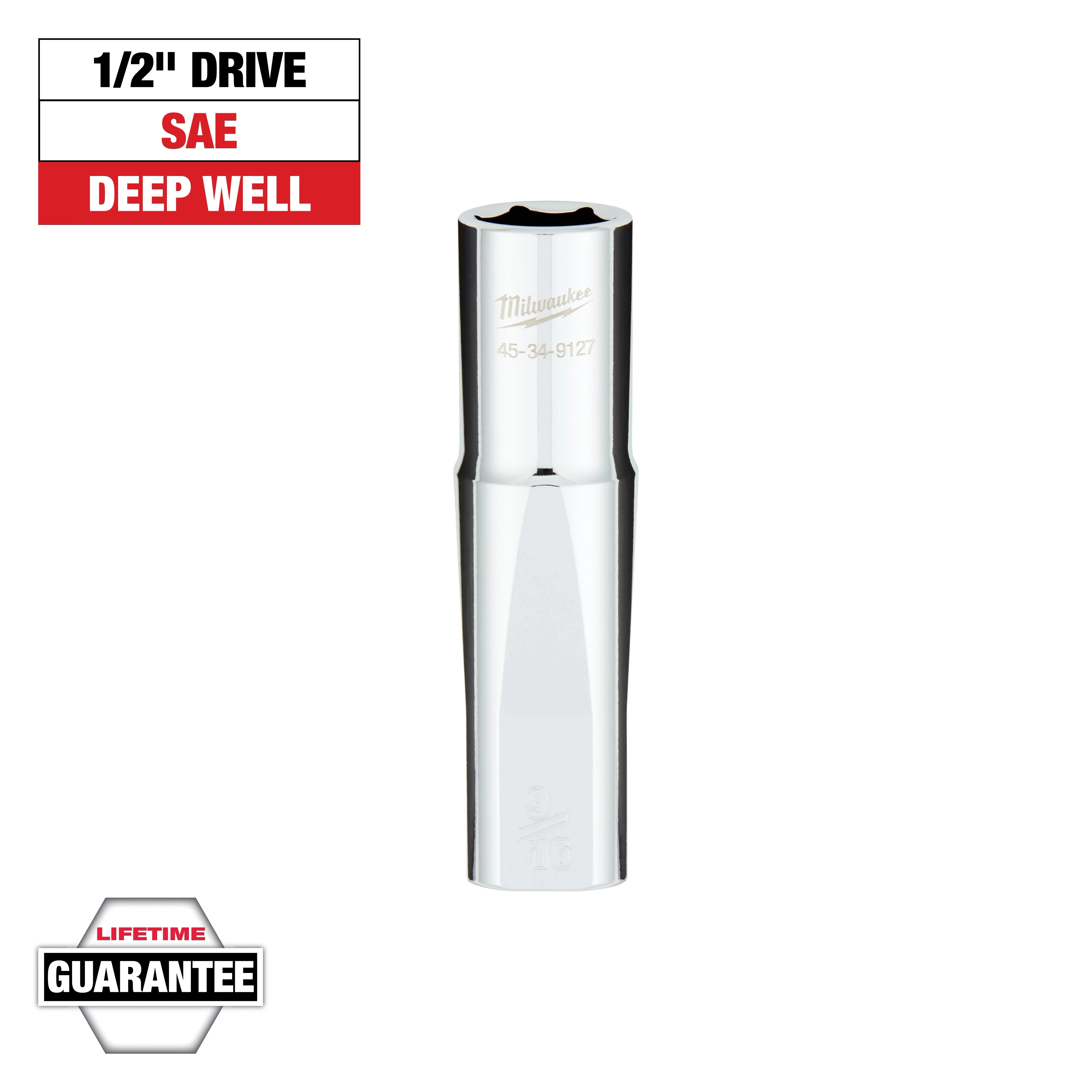 This image shows a 1/2" drive, SAE deep well socket by Milwaukee. The socket is chrome-finished and includes the product number 45-34-9127 engraved on it. There is a "Lifetime Guarantee" badge at the bottom.
