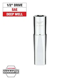 This image shows a 1/2" drive, SAE deep well socket by Milwaukee. The socket is chrome-finished and includes the product number 45-34-9127 engraved on it. There is a "Lifetime Guarantee" badge at the bottom.