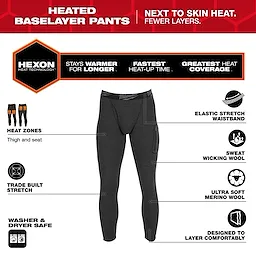 Milwaukee Heated Merino Wool Baselayer Pants displayed front-facing with text labels highlighting features.