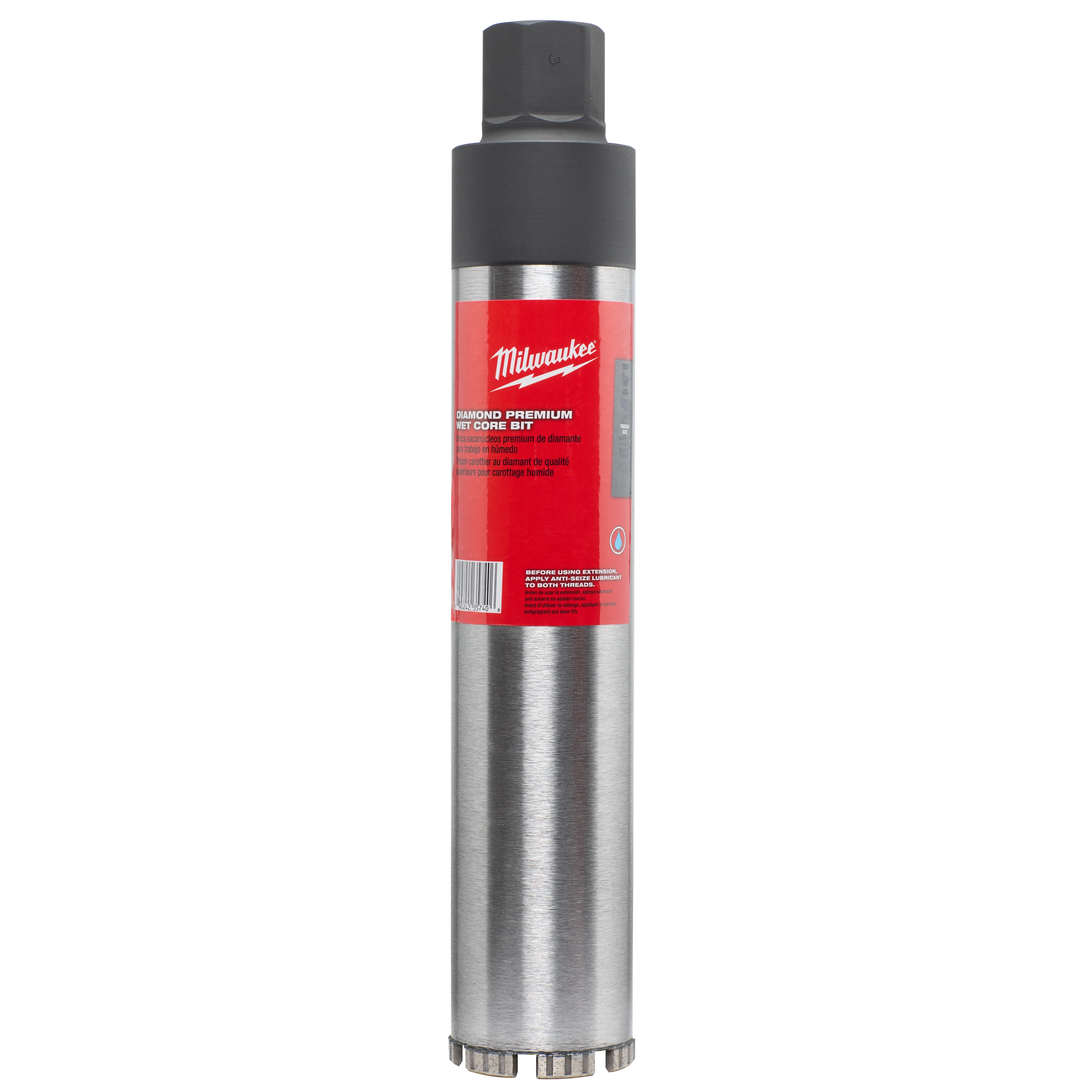 Milwaukee 3" Diamond Premium Wet Core Bit with steel body and diamond tip, featuring a red label and black grip.