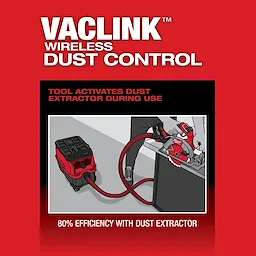 "M18 FUEL™ 7-1/4" Circular Saw w/ ONE-KEY™" features VacLink™ wireless dust control, automatically activating the dust extractor during use. The image highlights 80% efficiency with the dust extractor connected.