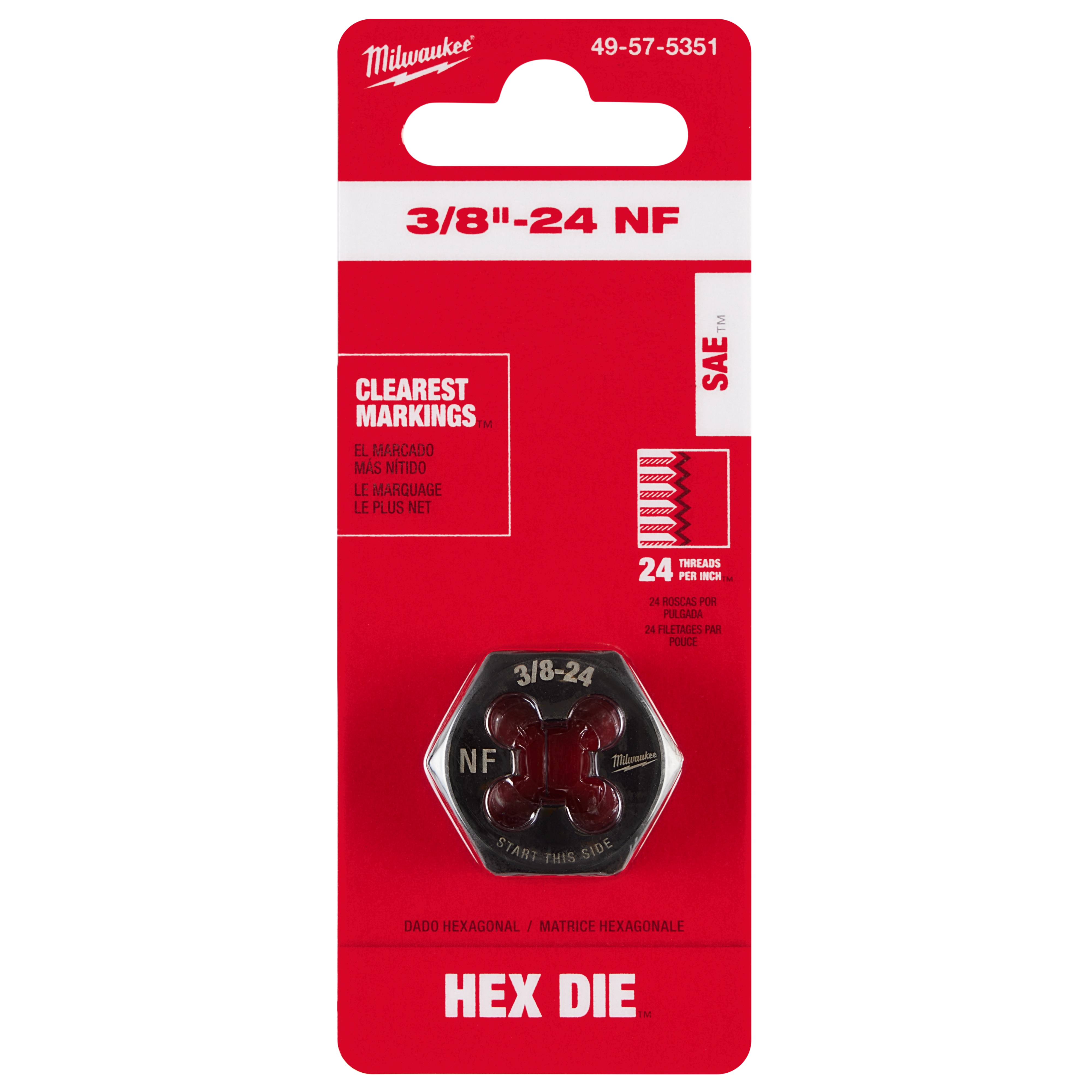 Red packaging containing a 3/8"-24 NF 1-Inch Hex Threading Die, featuring clear markings and 24 threads per inch.
