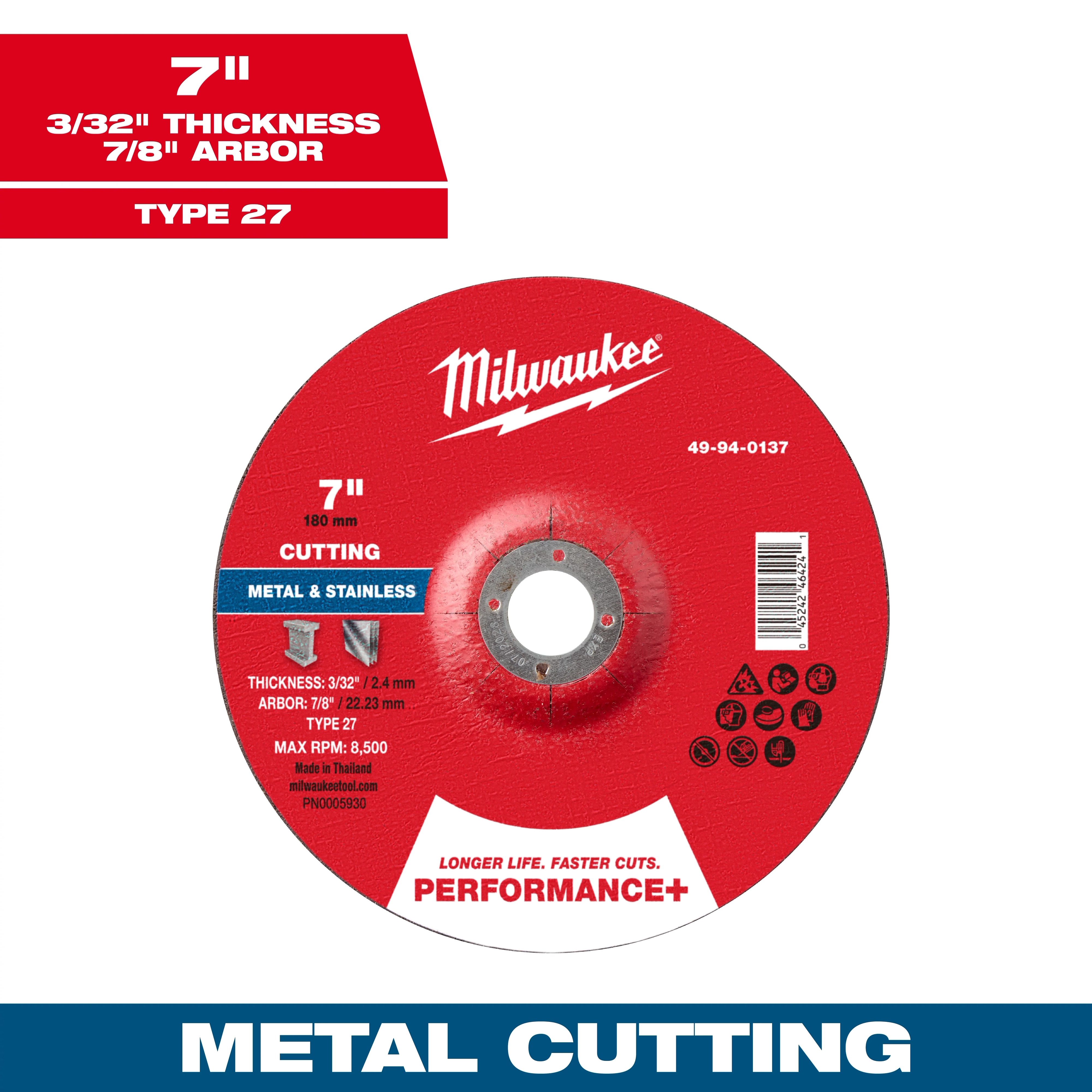 7" x 3/32" x 7/8" Performance+ Metal Cut Off Wheel - Type 27, suitable for cutting metal and stainless steel, red disc.