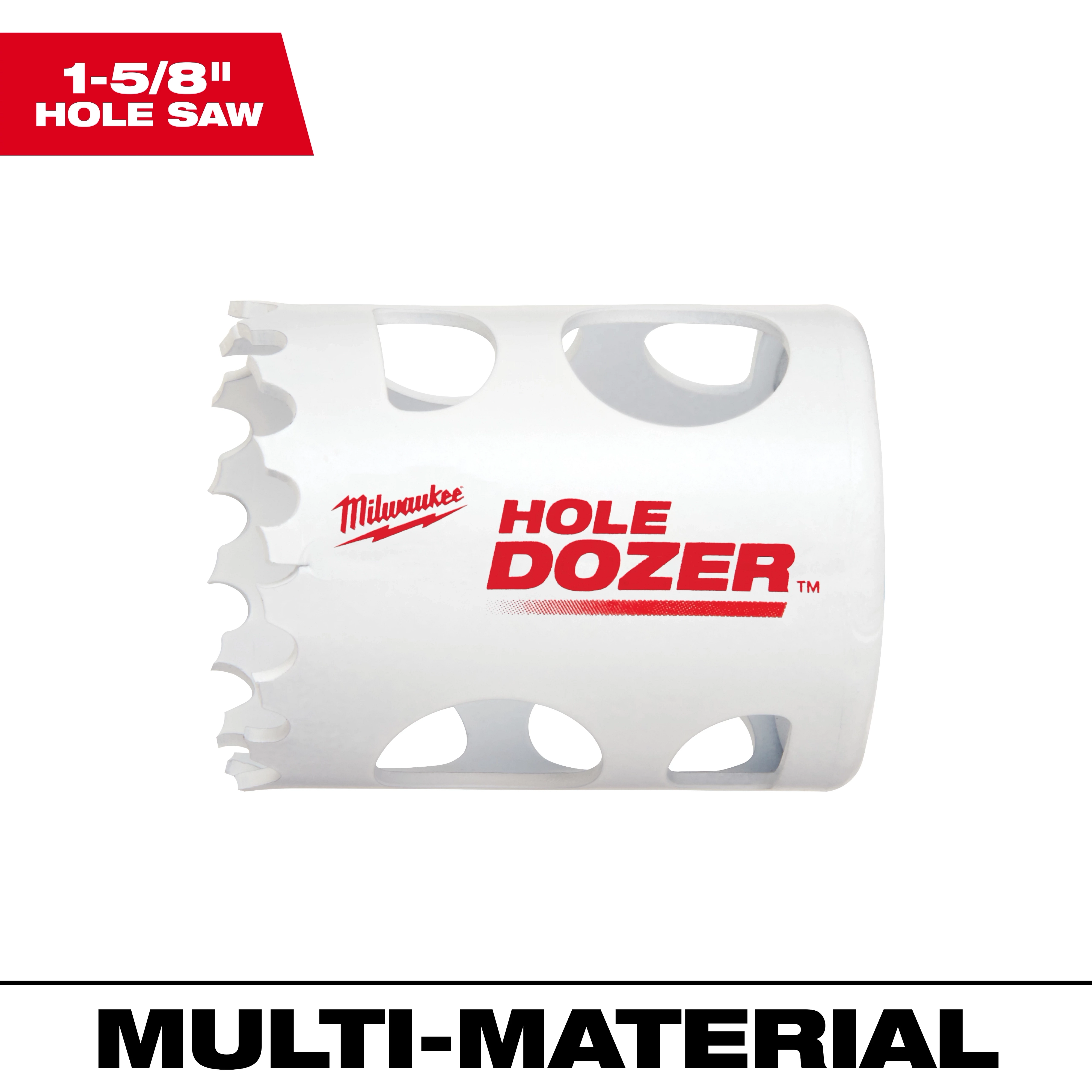 1-5/8" Hole Dozer Bi-Metal Hole Saw with sharp teeth, white body, and red branding, designed for cutting through various materials.