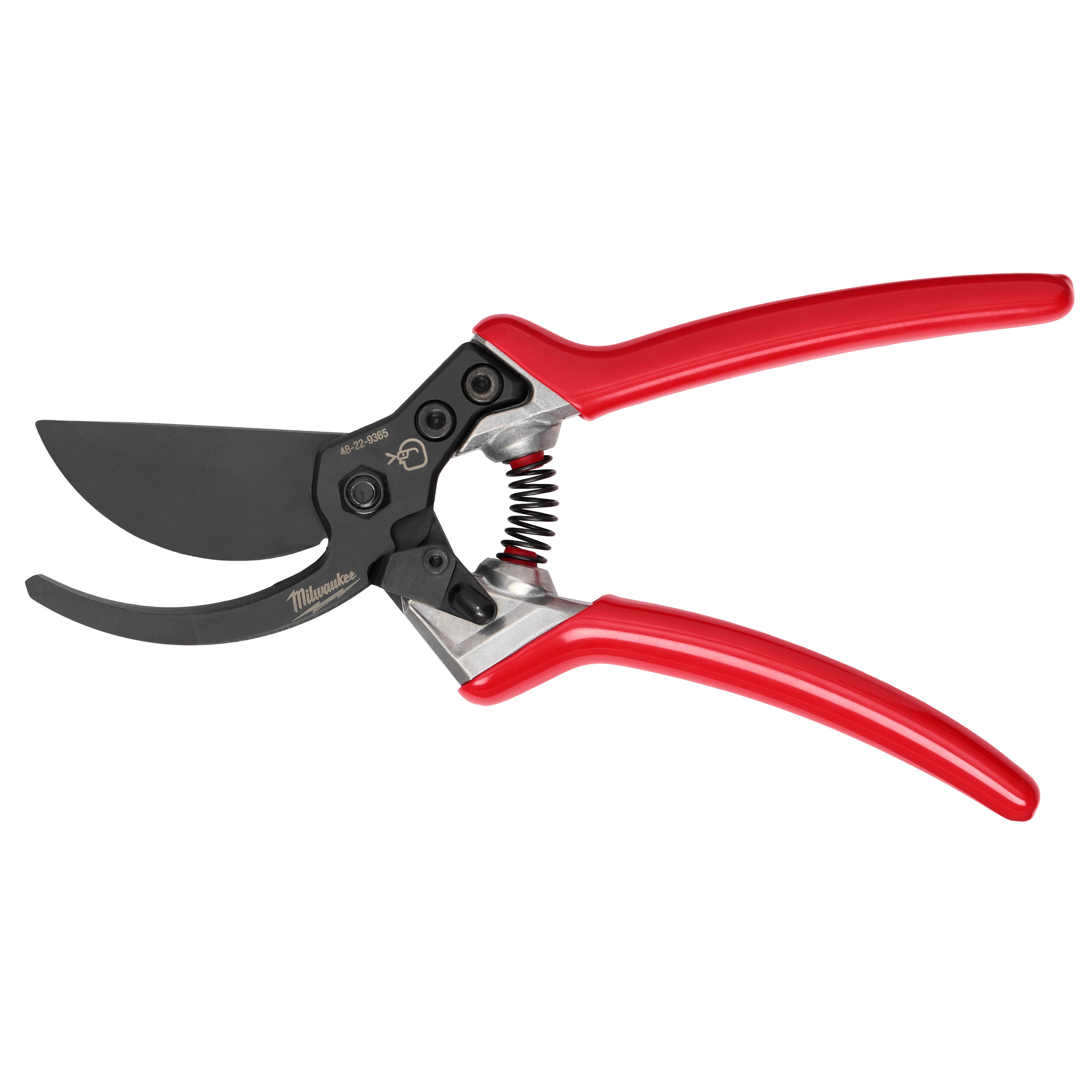 The image shows a 1" Pruner with red handles, a spring mechanism, and a black curved blade. The pruner is designed for cutting small branches and stems.