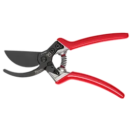 The image shows a 1" Pruner with red handles, a spring mechanism, and a black curved blade. The pruner is designed for cutting small branches and stems.