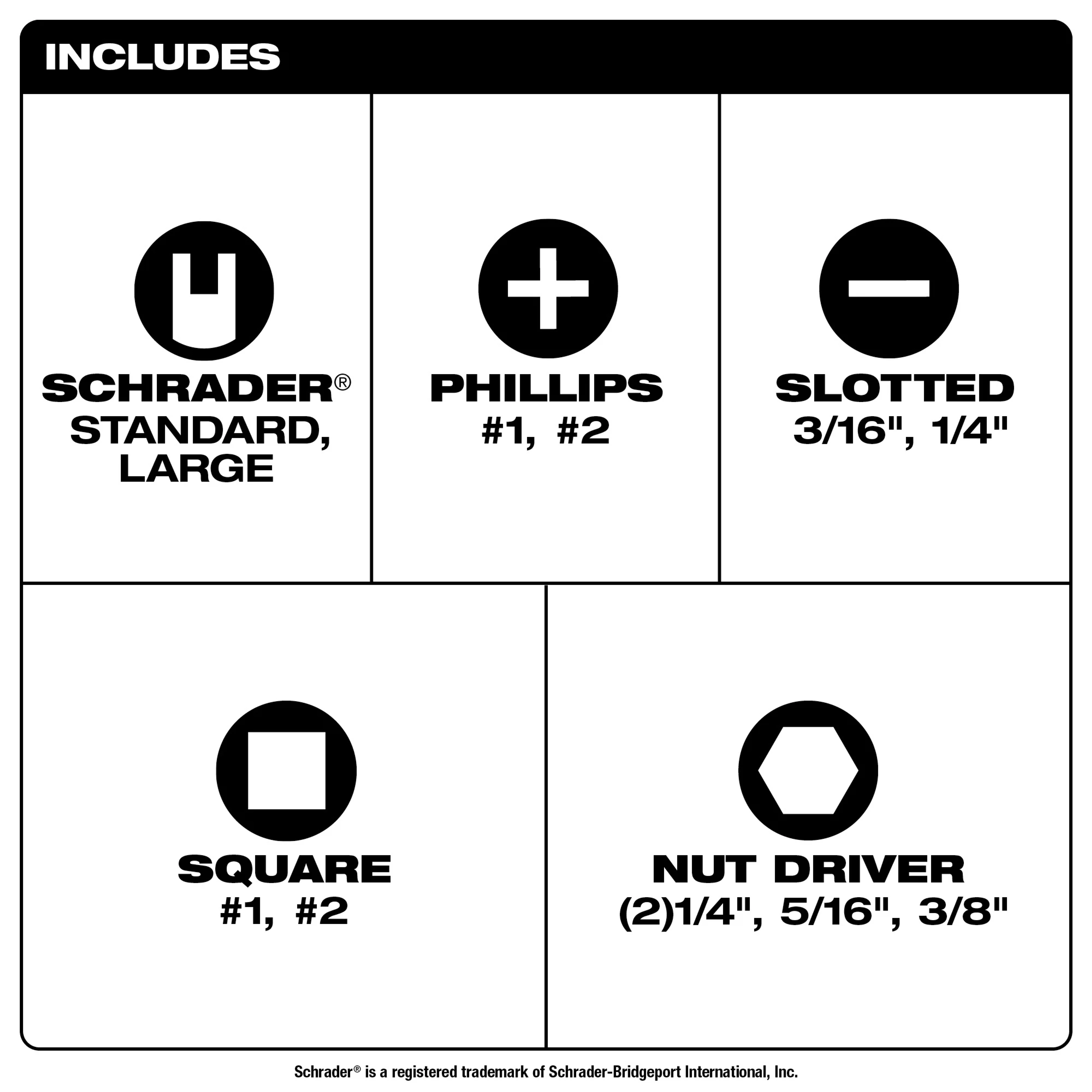 A set of Schrader includes Schrader Standard Large, Phillips #1 and #2, Slotted 3/16" and 1/4", Square #1 and #2, and Nut Driver 1/4" (x2), 5/16", and 3/8".