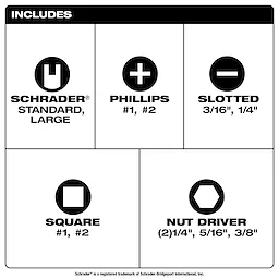 A set of Schrader includes Schrader Standard Large, Phillips #1 and #2, Slotted 3/16" and 1/4", Square #1 and #2, and Nut Driver 1/4" (x2), 5/16", and 3/8".
