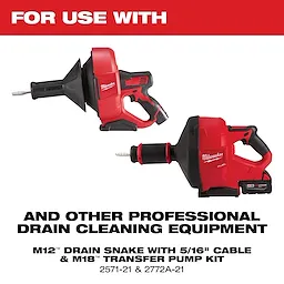 Two Milwaukee products, the M12 Drain Snake with 5/16" cable and the M18 Transfer Pump Kit, are displayed. They are recommended for use with other professional drain cleaning equipment, as indicated by the text in the image.