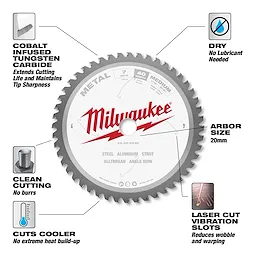 7” Medium Metal Circular Saw Blade with 20mm Arbor features clean cutting, cobalt-infused tungsten carbide tips, and laser cut vibration slots.