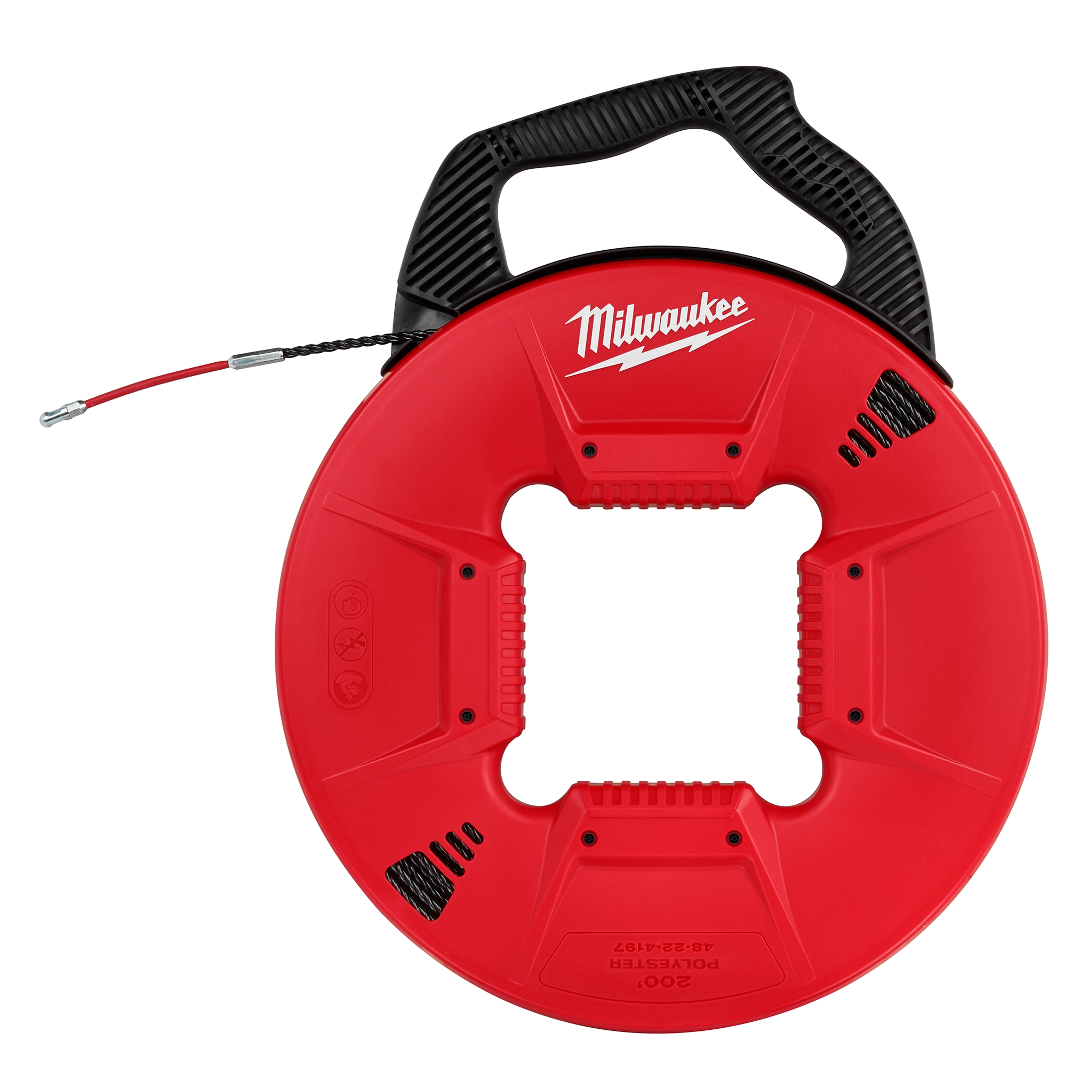 Red and black 200% Polyester Fish Tape with Flexible Leader, featuring a coiled tape, ergonomic handle, and cut-out center.