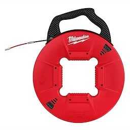 Red and black 200% Polyester Fish Tape with Flexible Leader, featuring a coiled tape, ergonomic handle, and cut-out center.