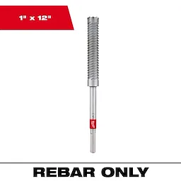 Rebar Cutter Image Reel, 1" x 12" drill bit for rebar cutting. The bit is silver with a spiral design and a red label.