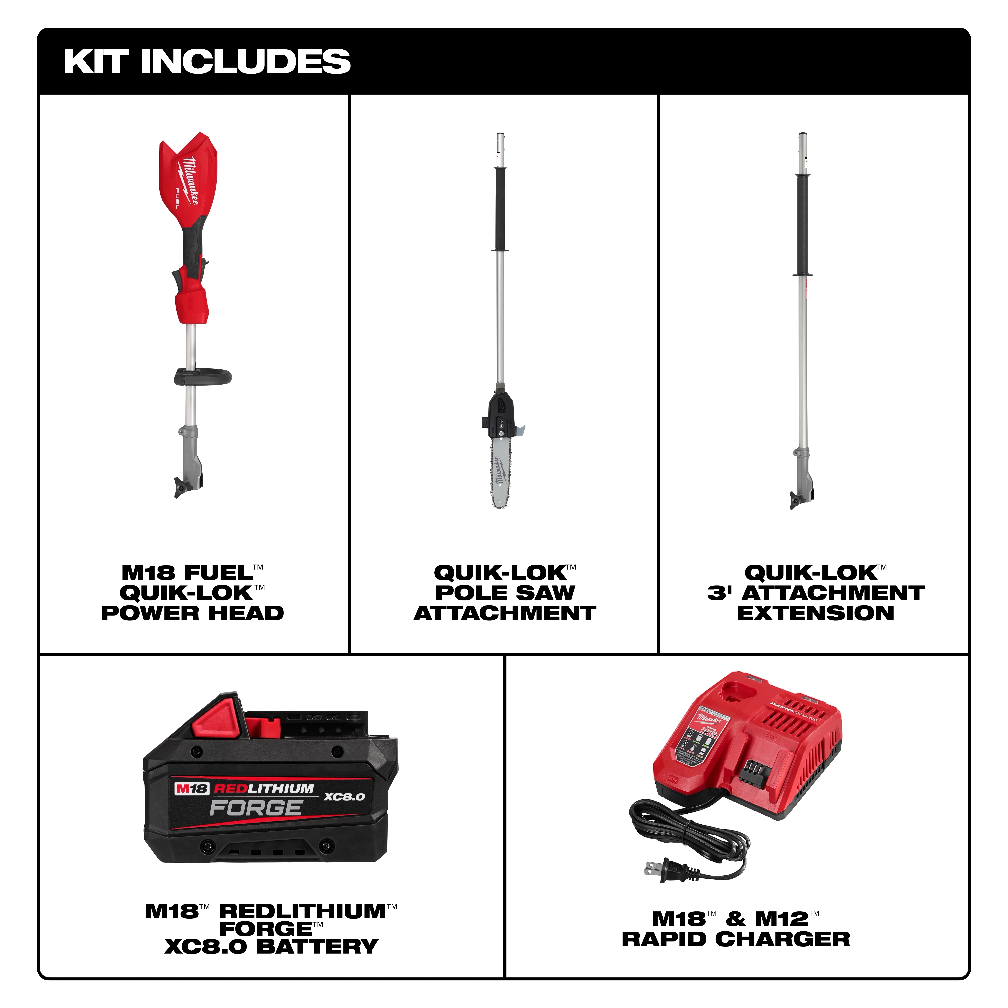 M18 FUEL Pole Saw w/ QUIK-LOK Kit with power head, pole saw, extension, battery, and rapid charger.