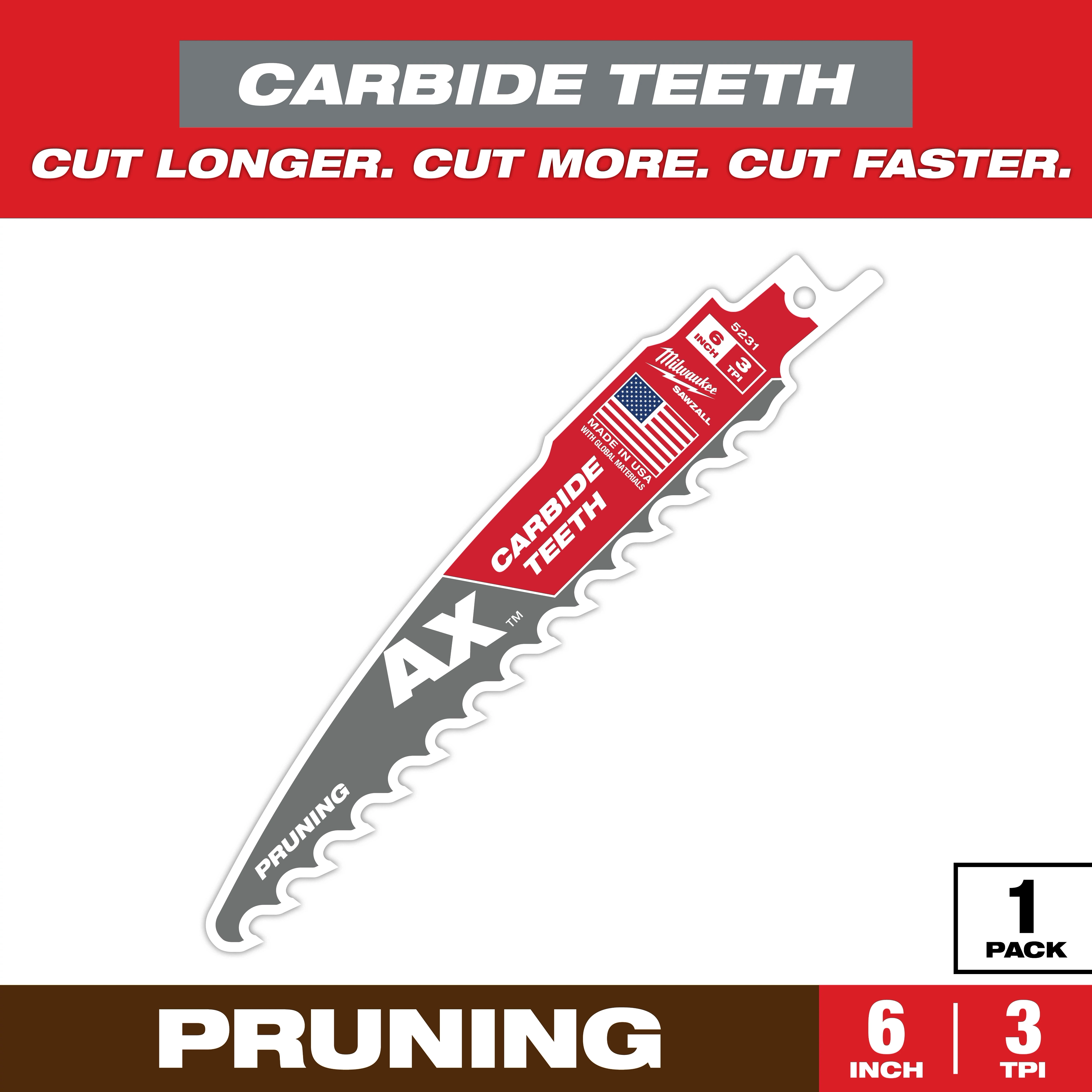 Milwaukee AX pruning saw blade features carbide teeth for efficient cutting. The blade is 6 inches long with 3 teeth per inch, providing a longer, faster, more durable cut. It comes in a pack of one and is designed for pruning tasks. Made in the USA.