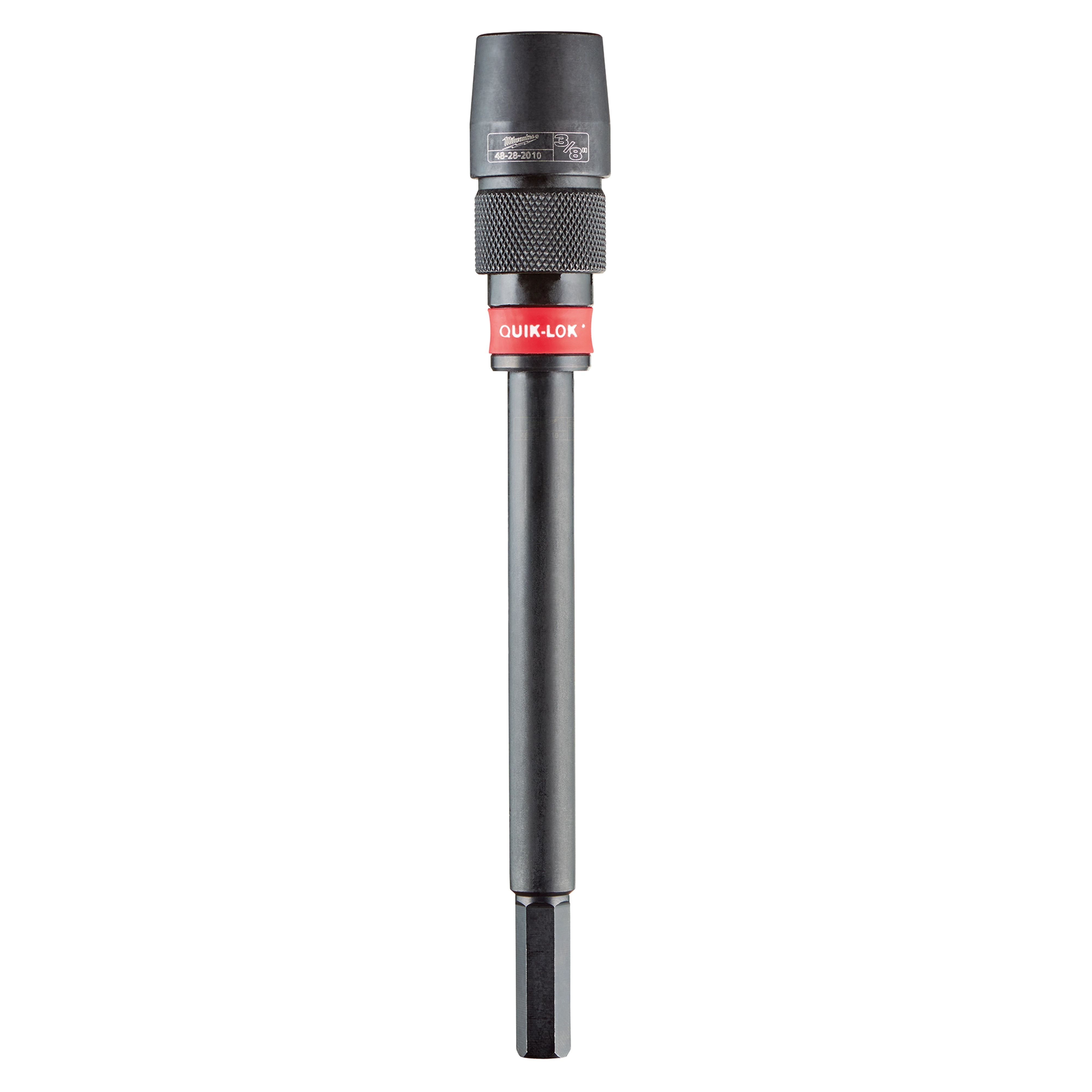 6" x 3/8" Universal QUIK-LOK Extension with a black and red design, featuring a knurled grip and a hexagonal shank.