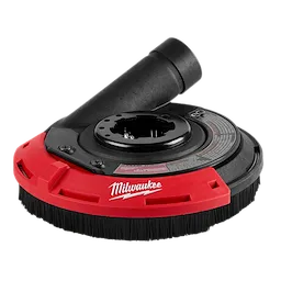 4-1/2" - 5" Surface Grinding Dust Shroud, shown with a Milwaukee logo. The product features a circular design that connects to grinders, has a top-mounted hose attachment, and is used for dust control during surface grinding.
