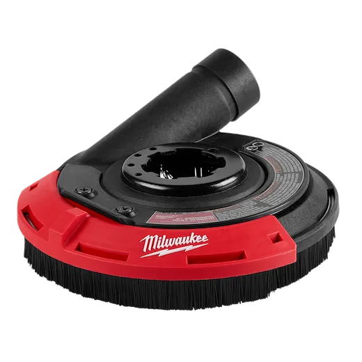 4-1/2" - 5" Surface Grinding Dust Shroud, shown with a Milwaukee logo. The product features a circular design that connects to grinders, has a top-mounted hose attachment, and is used for dust control during surface grinding.