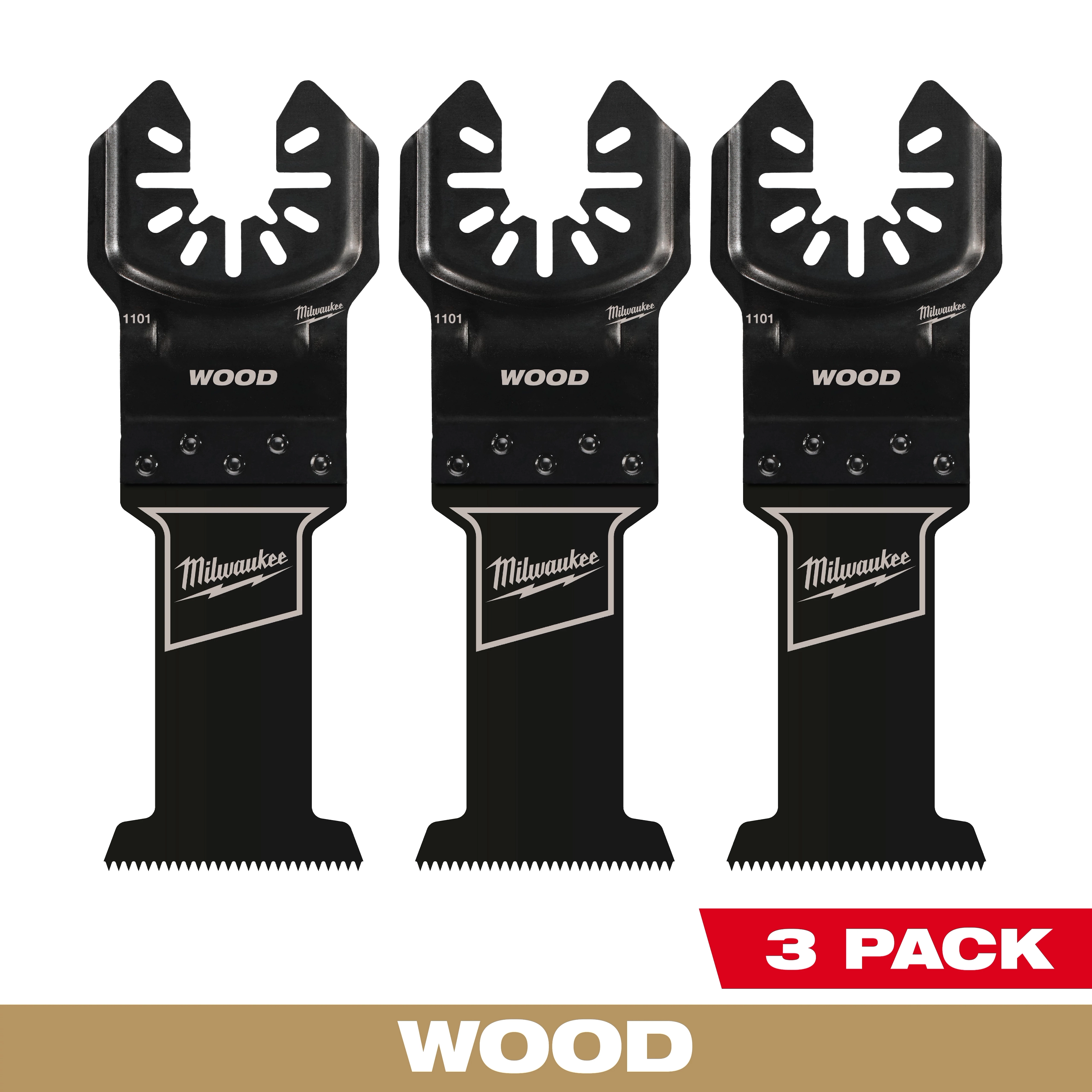 Three black Milwaukee OPEN-LOK 1-3/8" HCS Wood Multi-Tool Blades are shown in a 3-pack. "WOOD" is written in white.