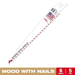 Milwaukee 6-inch reciprocating saw blade for cutting wood with nails. The blade features 5 teeth per inch and highlights its "Made in USA" manufacturing. Text on the blade reads "WOOD WITH NAILS" in bold.