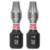 This image shows two SHOCKWAVE™ 1" Impact Duty TORX® T20 Insert Bits (2 PK). The bits have a black base with "T20" engraved and a metallic tip, featuring a red Milwaukee band in the middle.