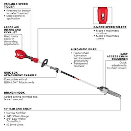 M18 FUEL Pole Saw w/ QUIK-LOK displayed extended with labeled features and components.