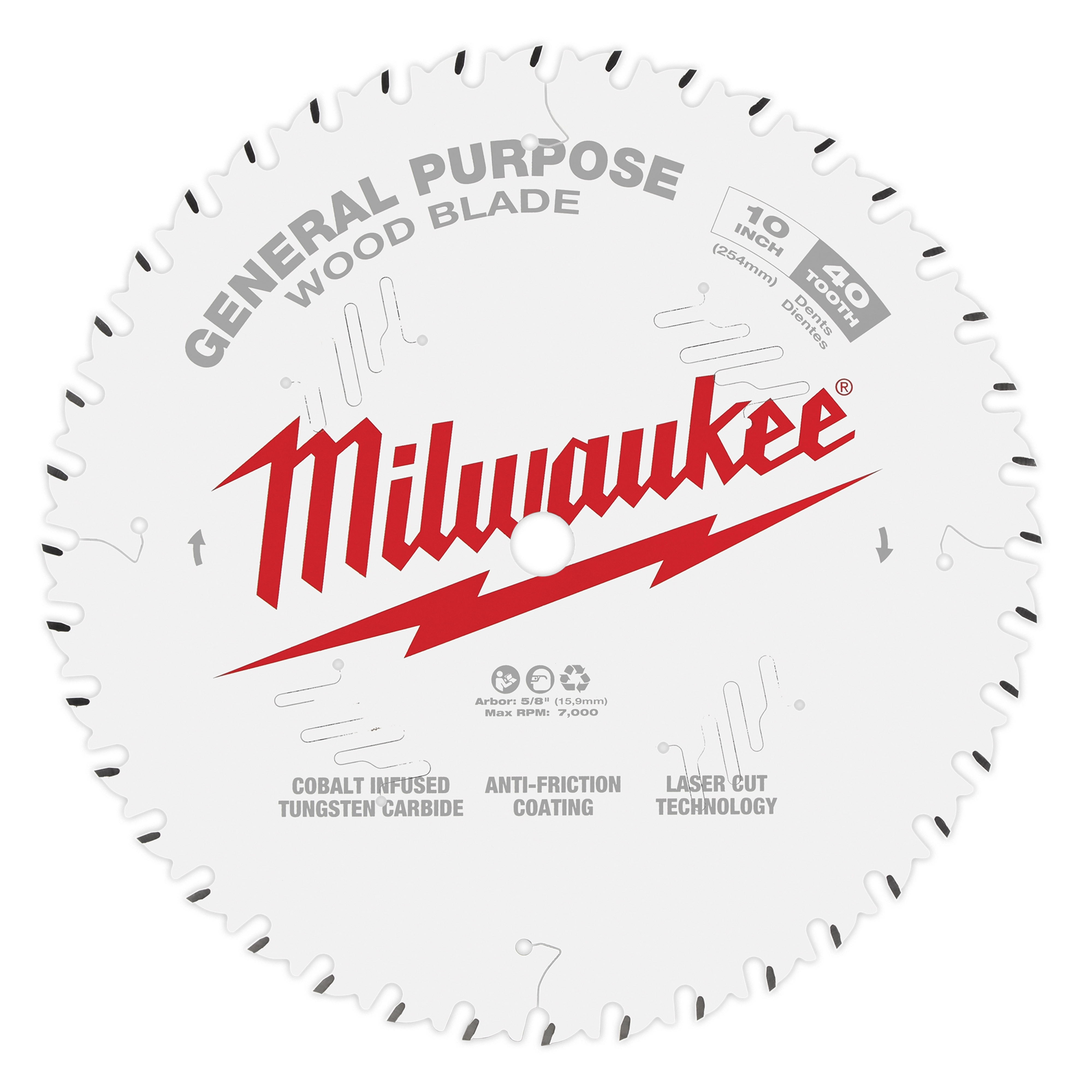 Circular Saw Blade by Milwaukee for wood cutting, 10 inches diameter with 40 teeth, features cobalt-infused tungsten carbide, anti-friction coating, and laser cut technology.