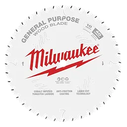 Circular Saw Blade by Milwaukee for wood cutting, 10 inches diameter with 40 teeth, features cobalt-infused tungsten carbide, anti-friction coating, and laser cut technology.