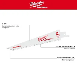 The Milwaukee 6" Drywall Sawzall Blade 3PK features fleam-ground teeth for smooth cuts, an 8 TPI design for clean drywall cuts, and a large piercing tip for easy plunge cuts. Its white blade has red Milwaukee branding and specifications printed on it.