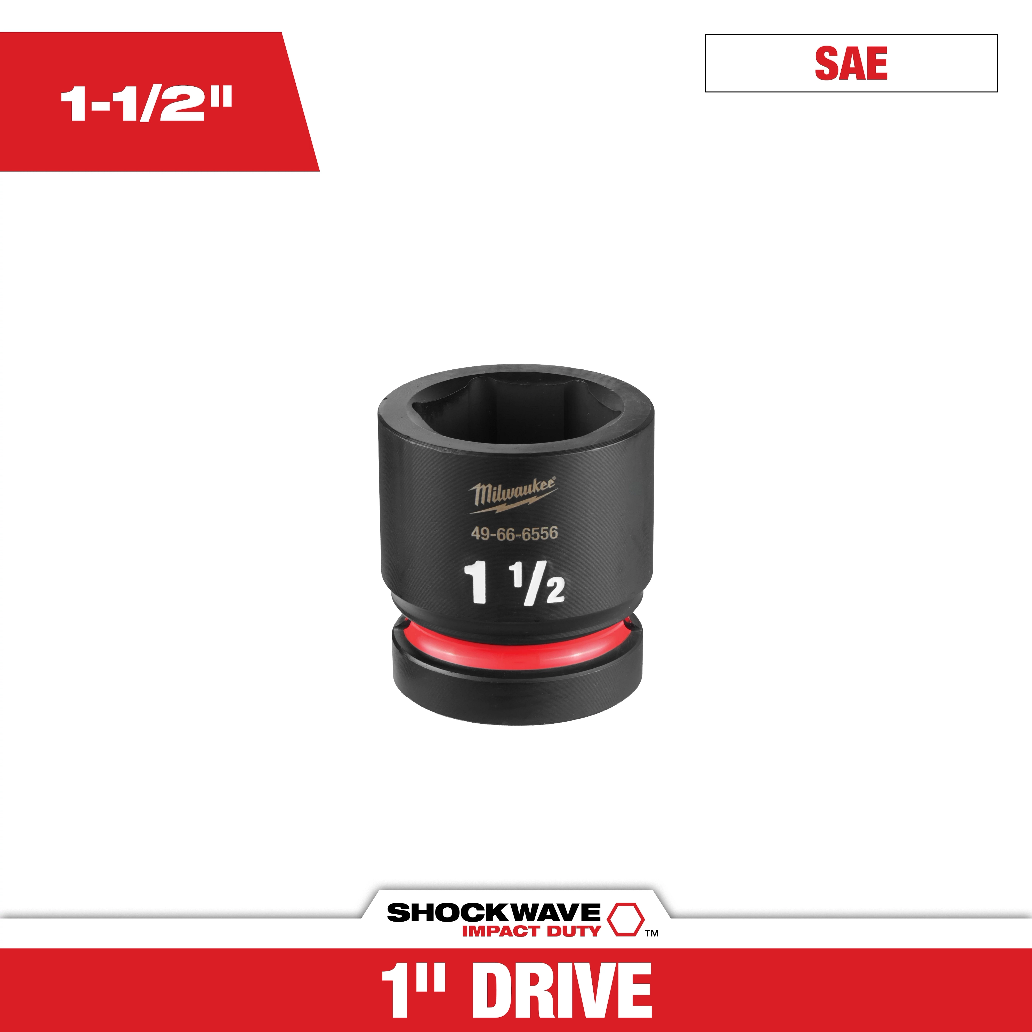 SHOCKWAVE Impact Duty 1" Drive 1-1/2" Standard 6 Point Socket centered on a white background with red accents.