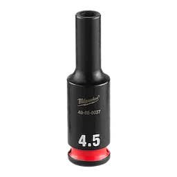 SHOCKWAVE Impact Duty 1/4" Drive 4.5MM Deep Impact Socket. Black with red ring at base, labeled "Milwaukee" and "4.5".