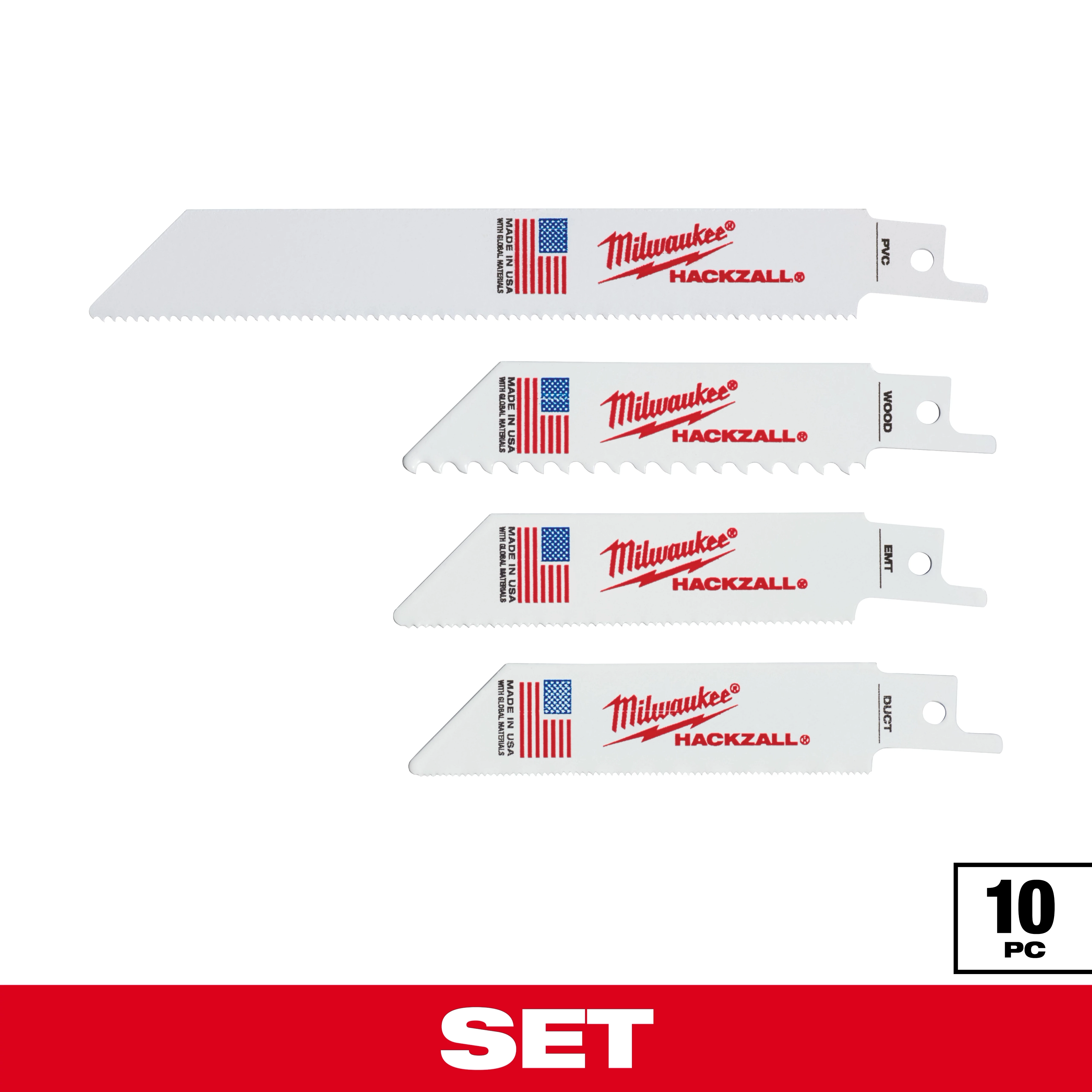 Milwaukee Hackzall 10-piece blade set includes four types of reciprocating saw blades. Each blade is white, features the American flag, and is labeled for specific applications such as wood and metal cutting. The blades vary in shape and tooth length for different cutting needs.