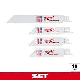 Milwaukee Hackzall 10-piece blade set includes four types of reciprocating saw blades. Each blade is white, features the American flag, and is labeled for specific applications such as wood and metal cutting. The blades vary in shape and tooth length for different cutting needs.