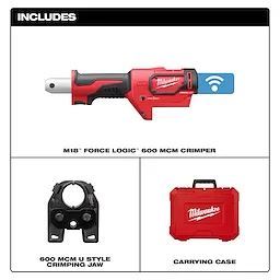 The M18™ FORCE LOGIC™ 600 MCM Crimper package includes the main crimper tool, a 600 MCM U style crimping jaw, and a red carrying case. The crimper is red and black with a gray tip and features connectivity capabilities represented with a blue icon.