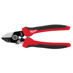 A Tri-Hole Fiber Stripper with red and black handles. The tool has three stripping slots and a visible spring mechanism. The handles are textured for better grip, and the branding is displayed on the handles.