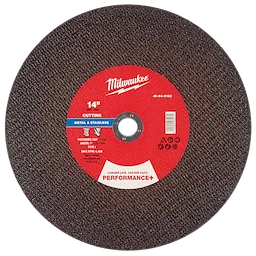 Milwaukee Performance+ Metal Cut Off Wheel, Type 1, measuring 14" x 7/64" x 1", designed for cutting metal and stainless steel.