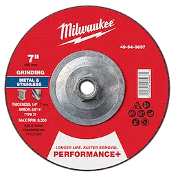 7" x 1/4" x 5/8"-11 Performance+ Metal Grinding Wheel, Type 27, for grinding metal and stainless, with max RPM 8,500.
