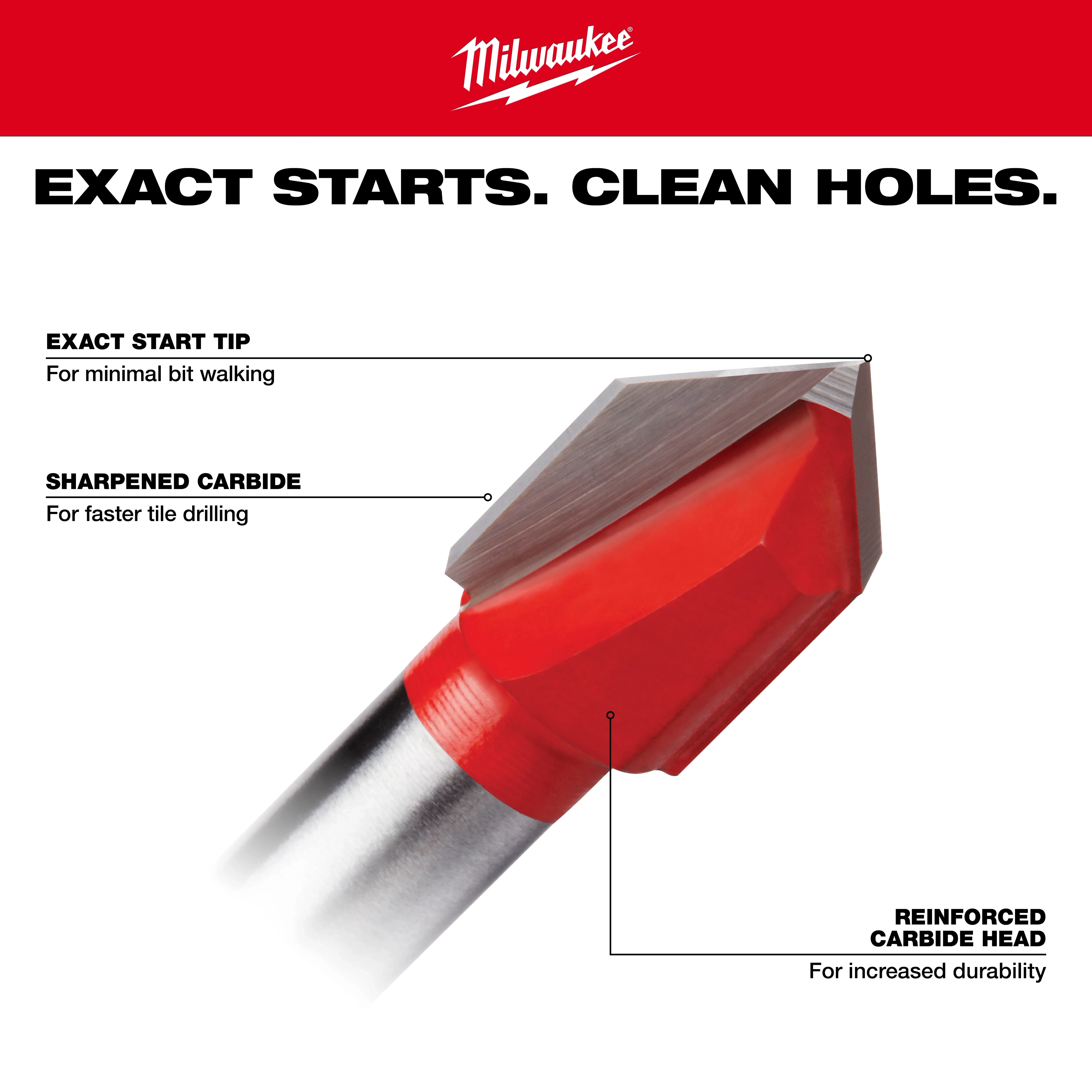 Milwaukee Glass and Tile Drill Bit Walkaround features an exact start tip, sharpened carbide, and reinforced head for durability.