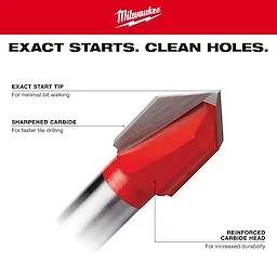Milwaukee Glass and Tile Drill Bit Walkaround features an exact start tip, sharpened carbide, and reinforced head for durability.