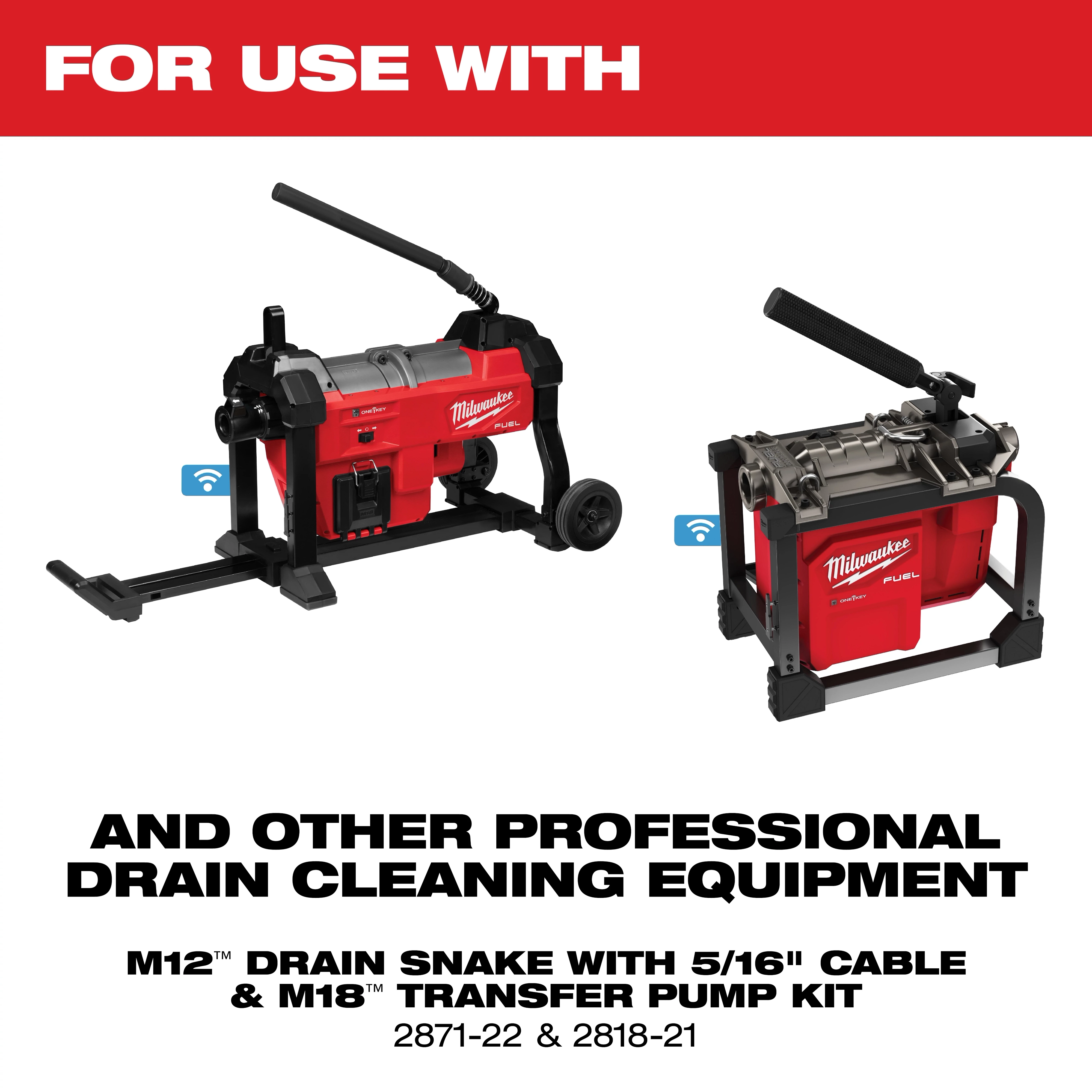 Milwaukee M12 Drain Snake and M18 Transfer Pump Kit are shown, featuring professional drain cleaning equipment. Both devices are primarily red with black accents. The drain snake has wheels, while the pump kit has a sturdy base. Product codes 2871-22 and 2818-21 are included for reference.