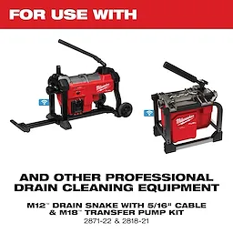 Milwaukee M12 Drain Snake and M18 Transfer Pump Kit are shown, featuring professional drain cleaning equipment. Both devices are primarily red with black accents. The drain snake has wheels, while the pump kit has a sturdy base. Product codes 2871-22 and 2818-21 are included for reference.
