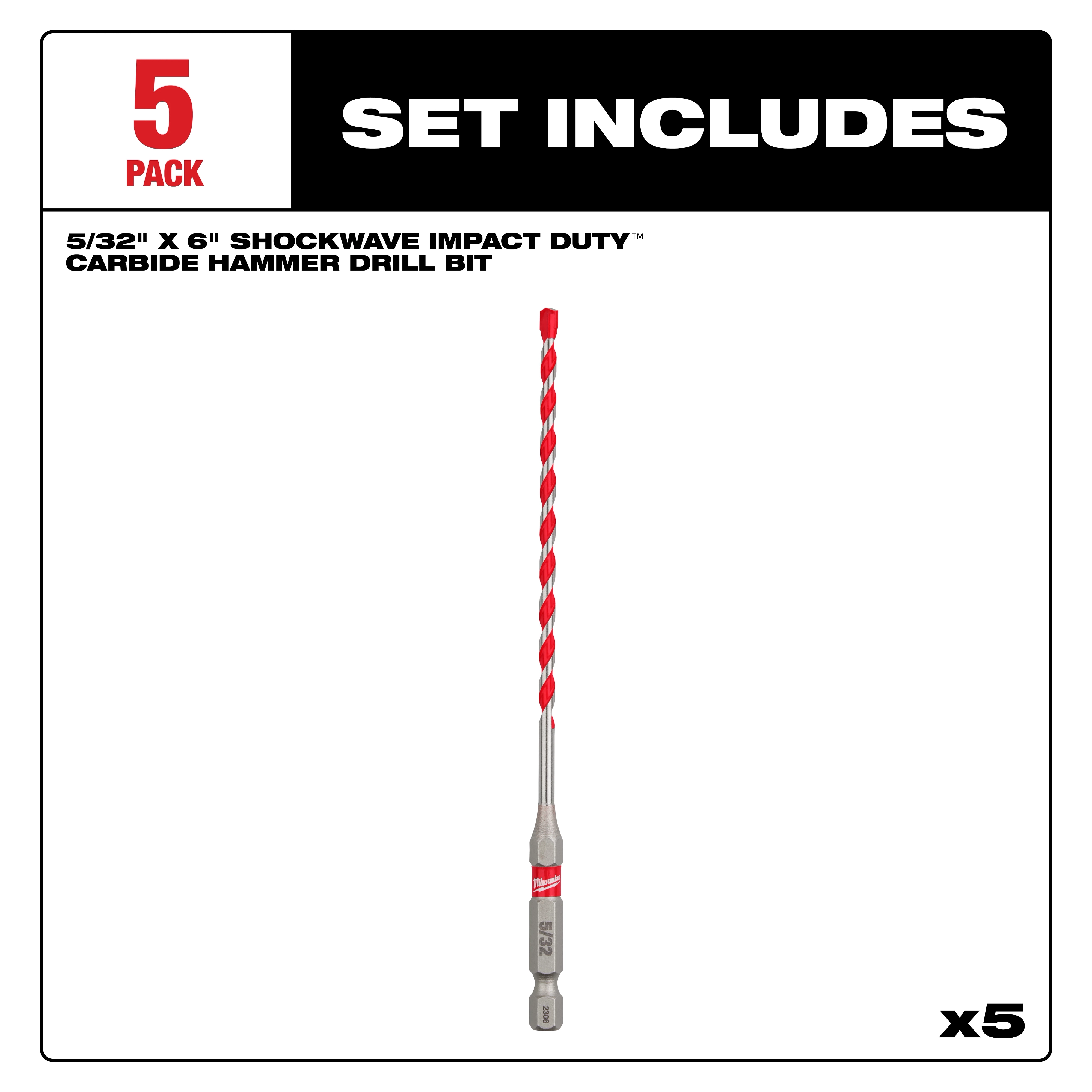 5/32" x 4" x 6" SHOCKWAVE Impact Duty™ Carbide Hammer Drill Bit Set - Bulk 5 PK