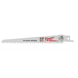 The Sawzall Blade is designed for clean wood cutting. It features a gray color with large teeth and has the brand name in red next to an American flag graphic. The blade also displays specifications, including its use for clean wood, and numbers indicating size and model.