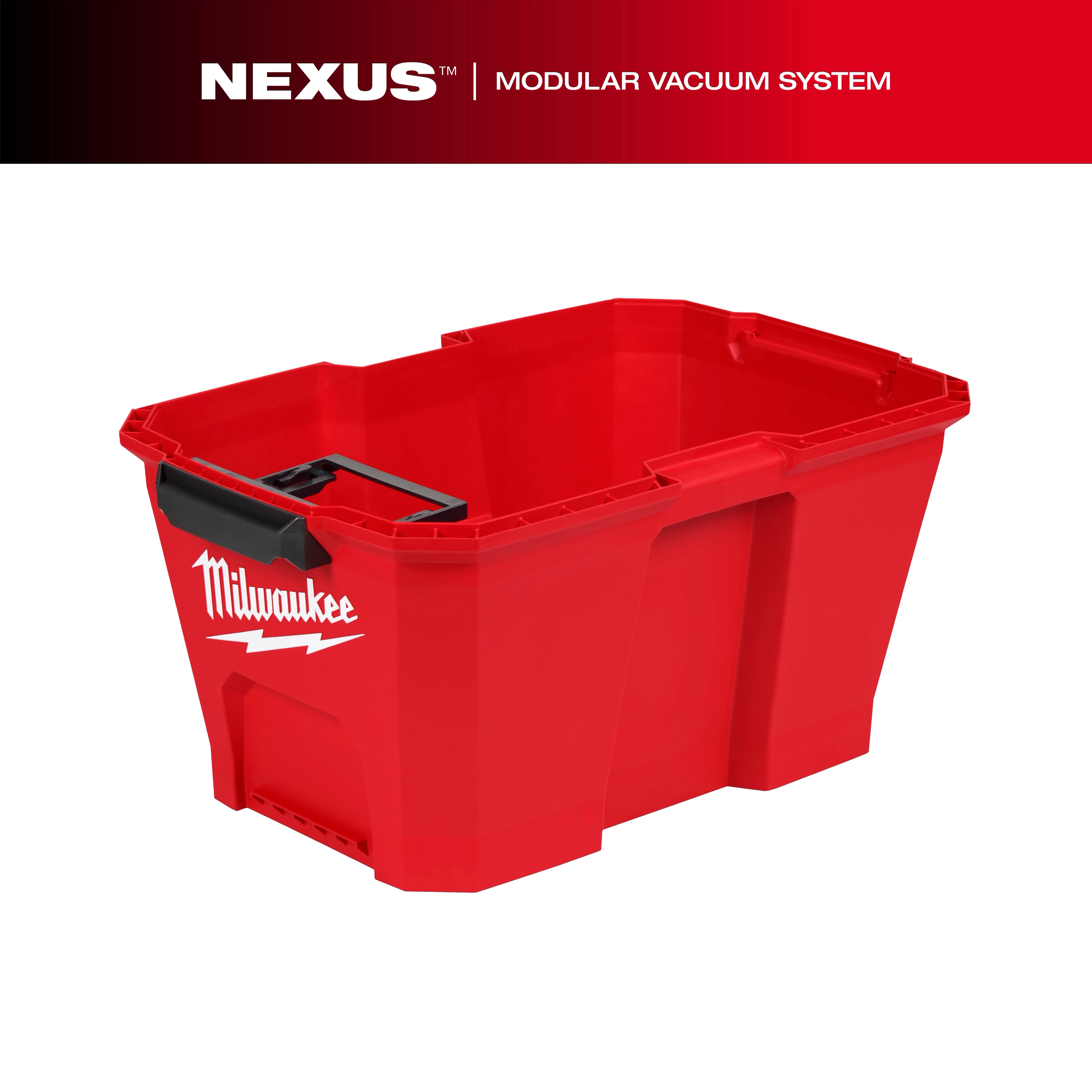 NEXUS™ 6 Gallon Wet/Dry Vacuum Tank is a red, modular container featuring the Milwaukee logo. It has a large capacity for wet and dry debris and includes a sturdy black handle on the left side. The tank is designed for use in various cleaning applications.