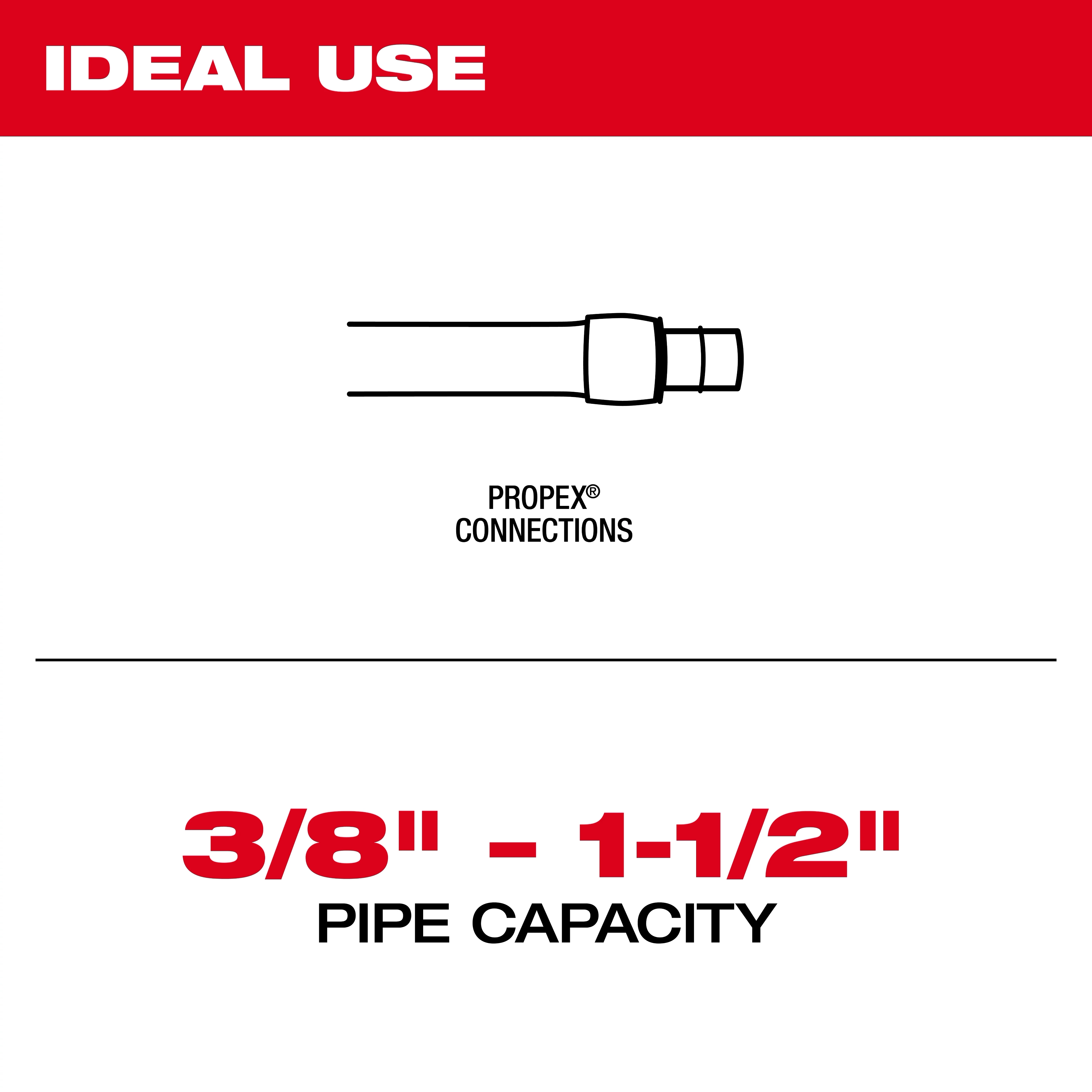 M18 ProPEX Expansion Tool is designed for ProPEX connections and accommodates pipe sizes from 3/8" to 1-1/2".