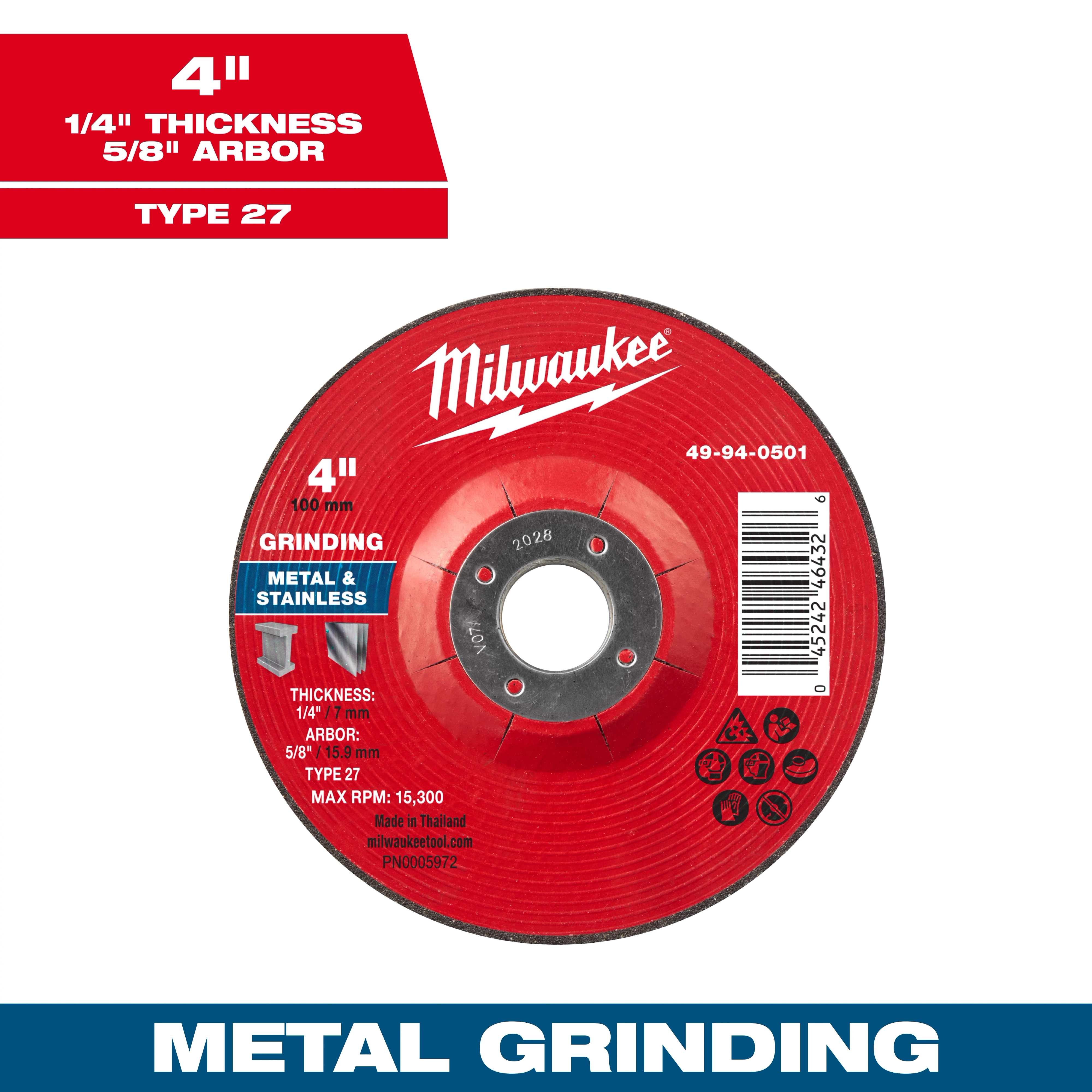 4" x 1/4" x 5/8" Metal Grinding Wheel - Type 27, red, for metal and stainless grinding, max RPM 15,300, barcode visible.