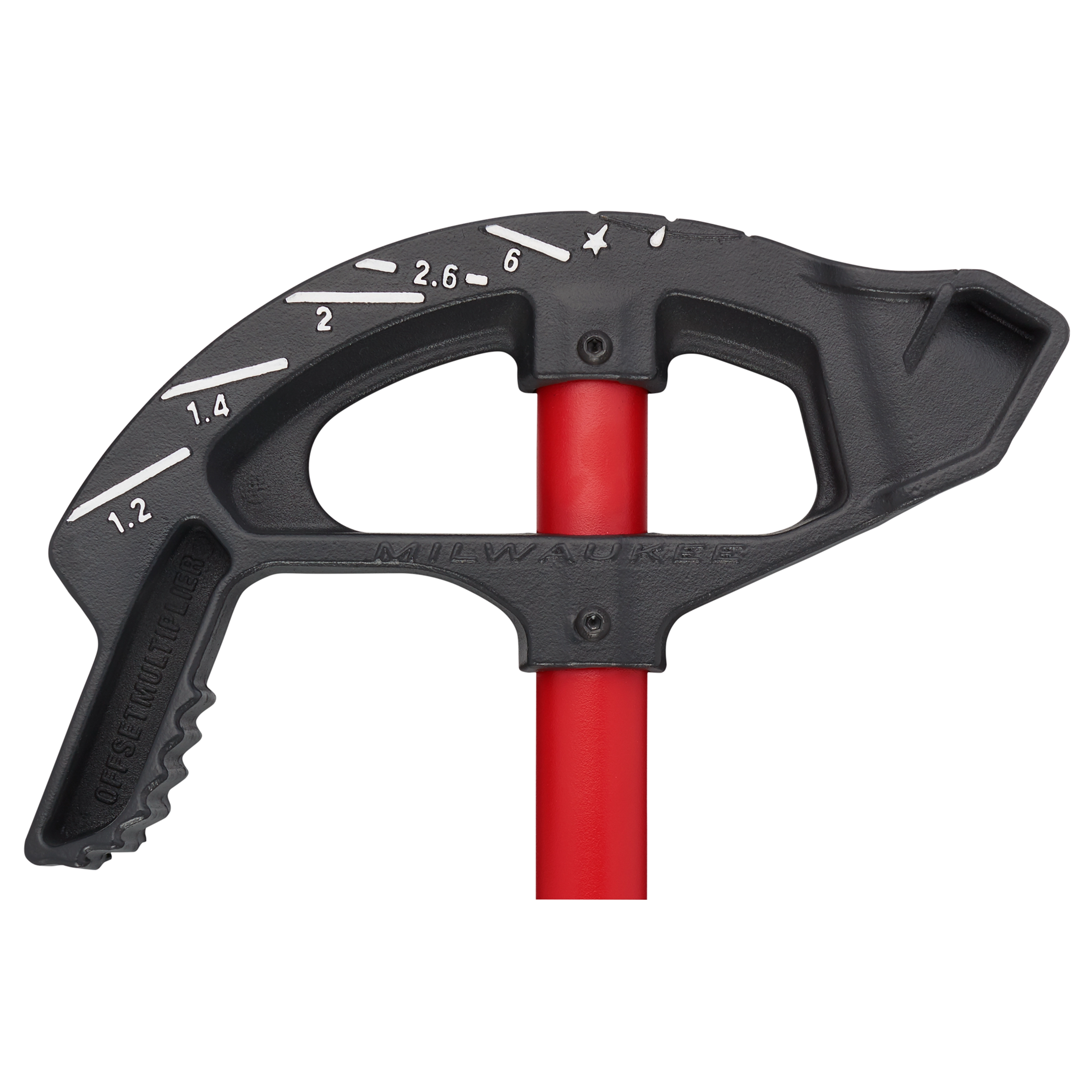 1" EMT IRON CONDUIT BENDER with black markings for precision, mounted on a red handle, designed for bending electrical conduit pipes.