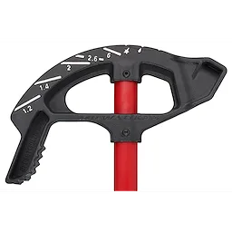 1" EMT IRON CONDUIT BENDER with black markings for precision, mounted on a red handle, designed for bending electrical conduit pipes.