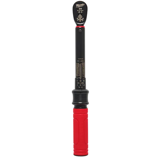 3/8” Drive Click Torque Wrench (50-250 IN-LBS) features a black steel handle with torque measurements marked in both IN-LBS and Nm. The wrench has a red rubber grip on the bottom and a dial for torque adjustment. The tool head includes a switch for directional use.